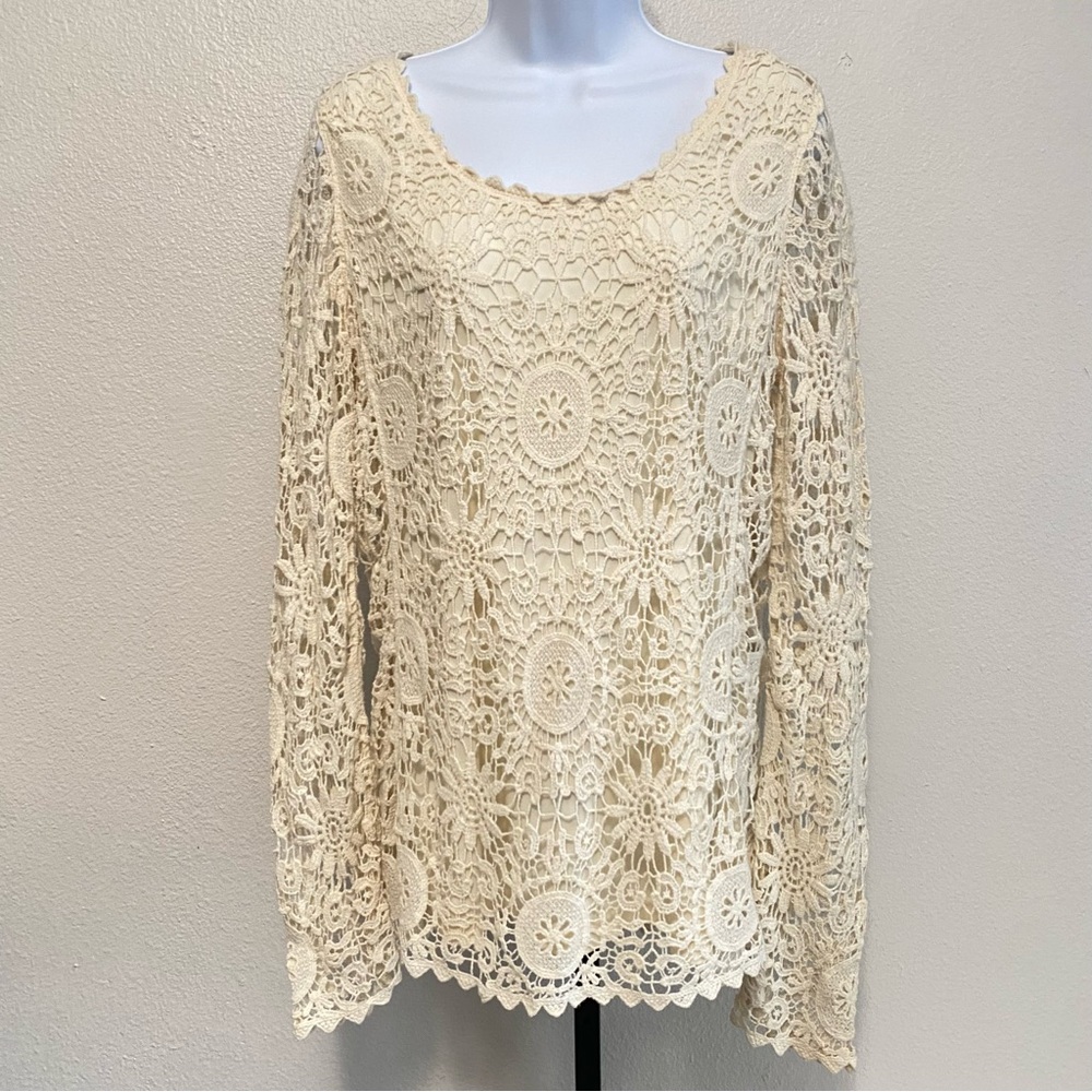 Vintage Women’s Crochet Long Sleeve Top XL Boho Festival Western Cotton‎ Coastal